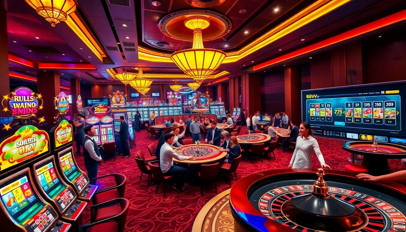 Players enjoying the excitement of 88vv with vibrant casino tables and slot machines.
