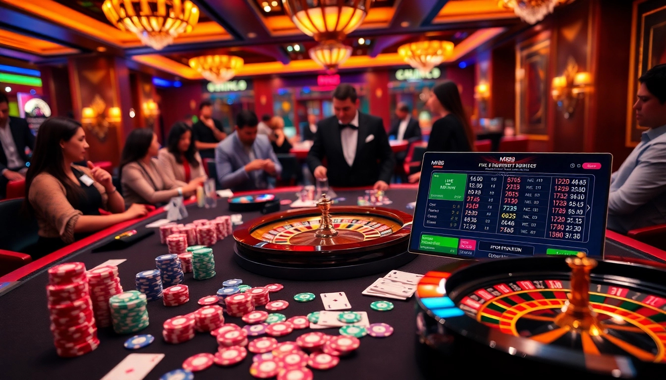 Cảnh cá cược thể thao đầy phấn khích tại Nhà Cái M88 với những viên chip màu sắc và bánh xe roulette.