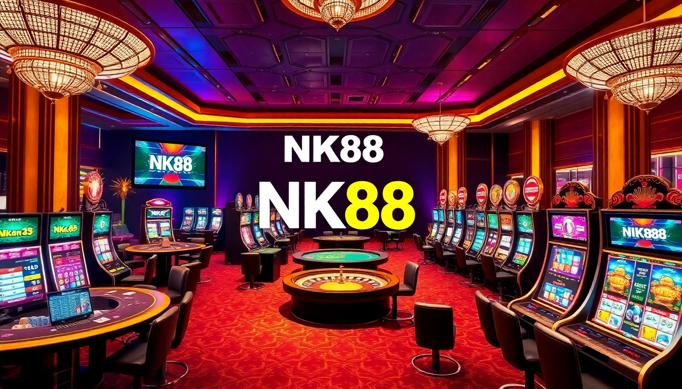 Experience thrilling online gaming with NK88 at luxurious casino tables featuring vibrant cards and chips.
