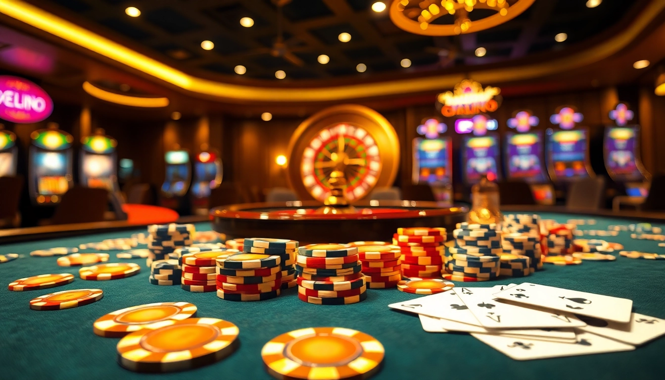 Experience thrilling gaming at https://go88.finance/ with a vibrant casino scene featuring poker chips and cards.