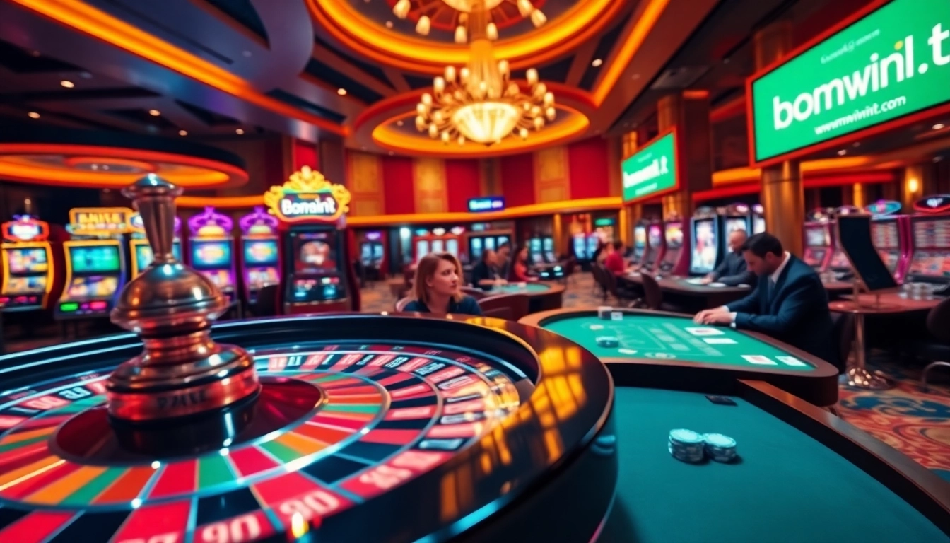 Experience the excitement of gambling with bomwin1.it.com at a luxurious casino scene featuring roulette and poker games.