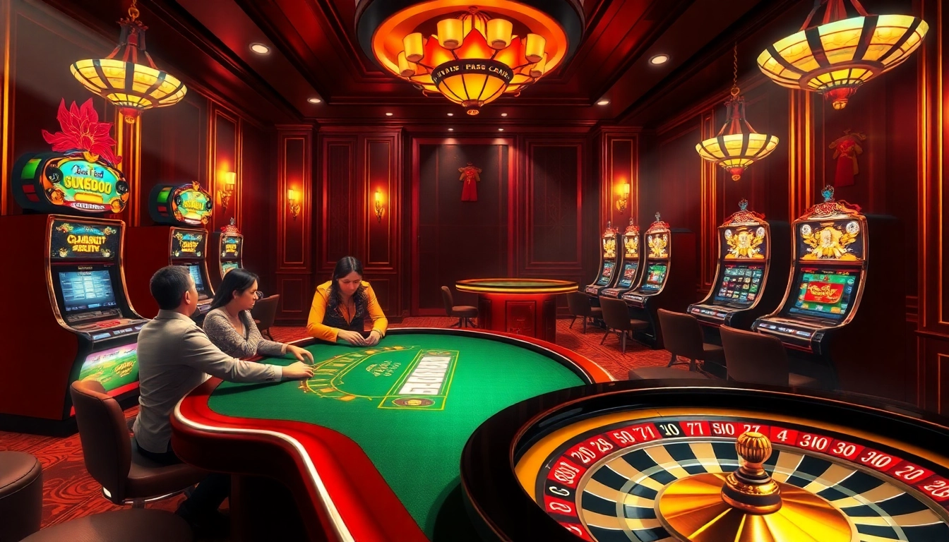 Engaging scene of a high-stakes gaming table at Trang chủ BL555 with players and glowing slot machines.