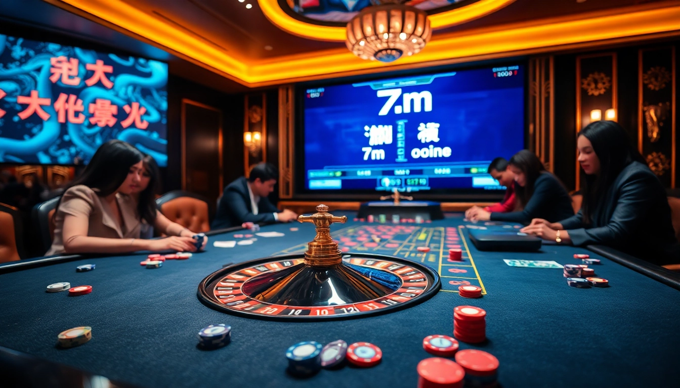 Experience the thrill of 7m cn ma cao in this lively casino scene featuring a roulette table and colorful chips.