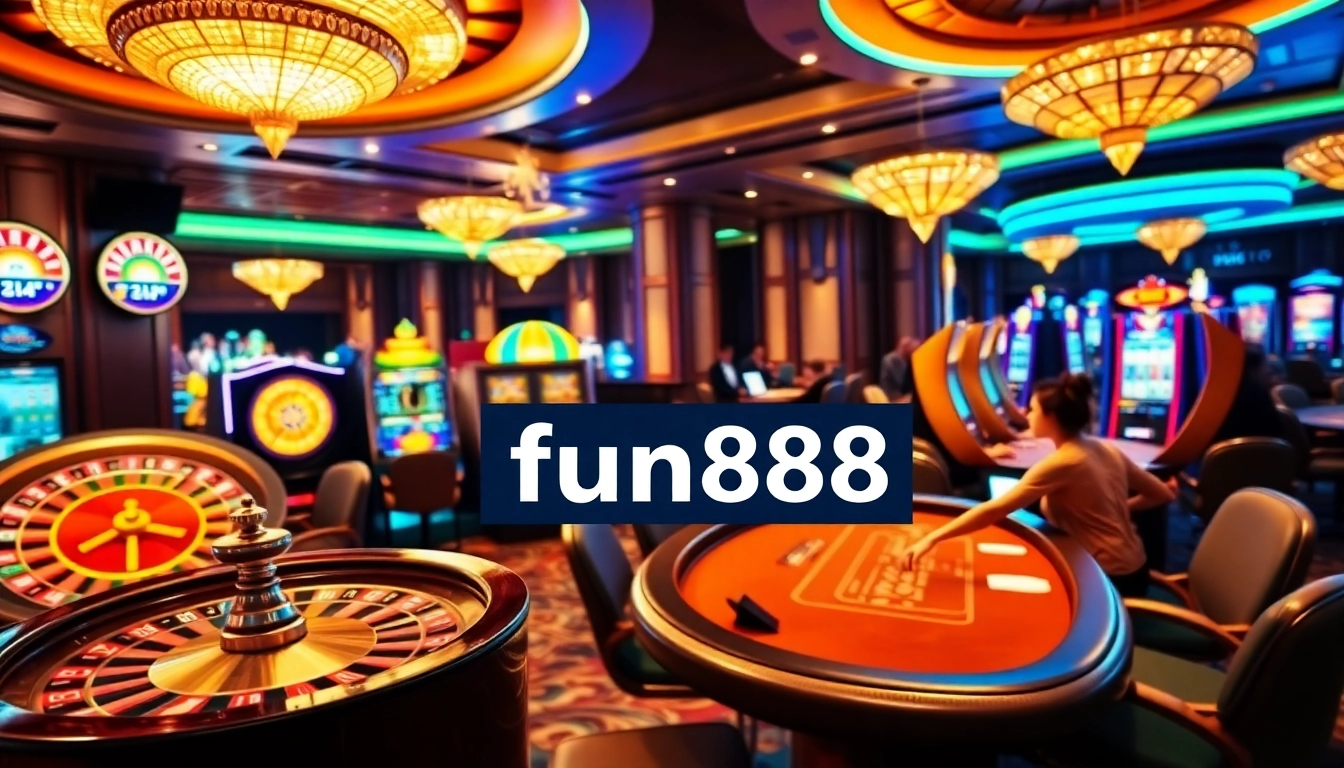 Experience thrilling casino excitement streaming through the fun88 link, featuring a lively roulette table and vibrant slot machines.