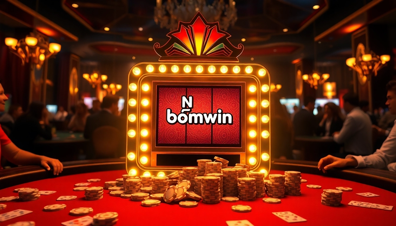 Nổ hũ bomwin slot machine surrounded by poker chips and cards in a vibrant casino atmosphere