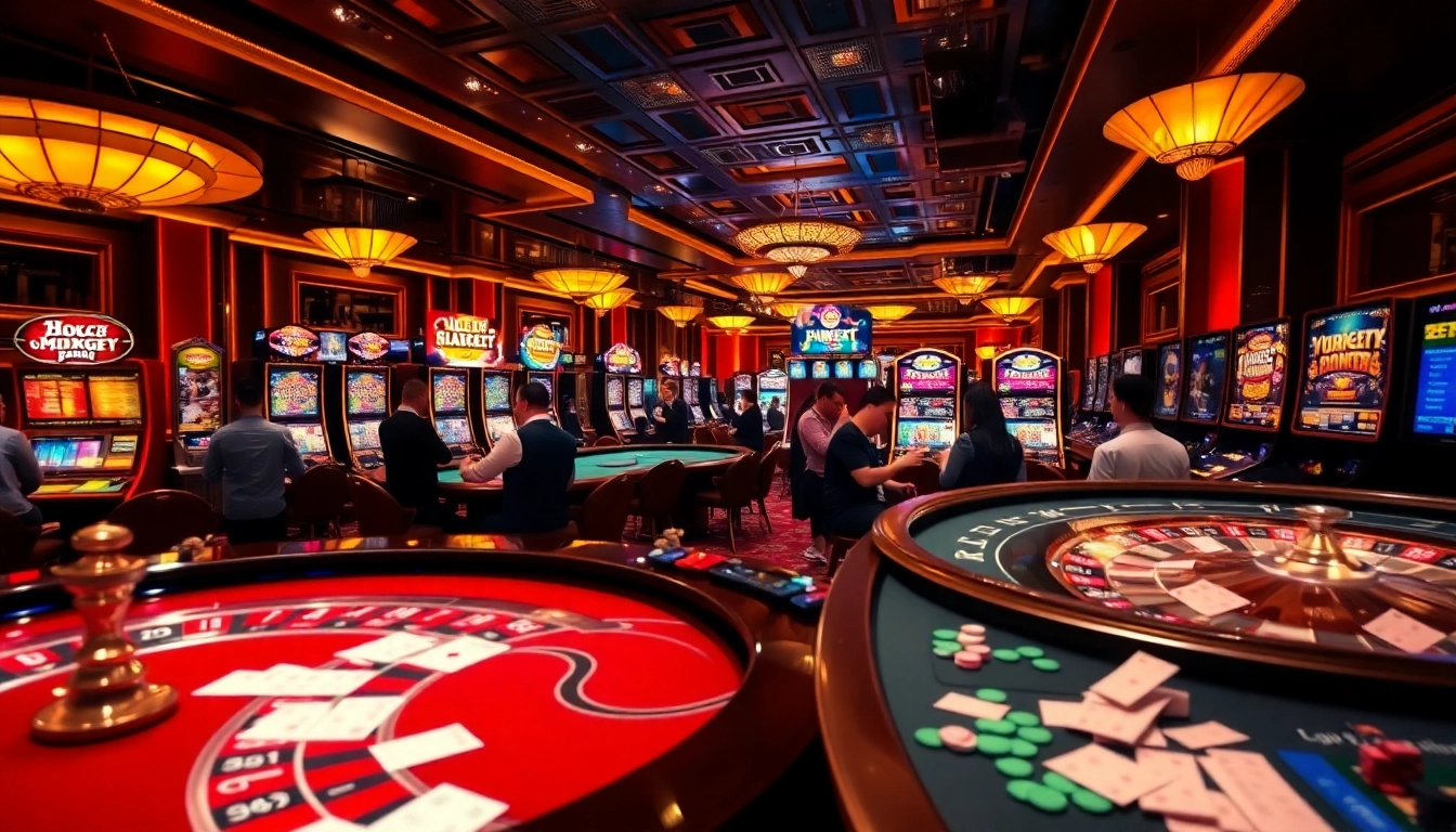 Players enjoy dynamic Xổ số rikbet lottery games amidst vibrant casino excitement.