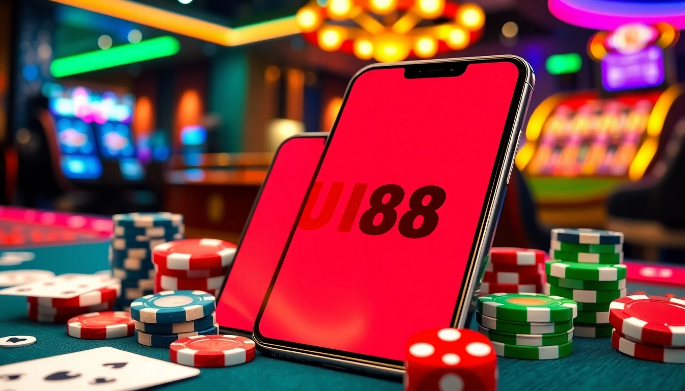 Experience the thrill of gambling with the uu88 tải app showcased elegantly on a smartphone amidst vibrant casino elements.