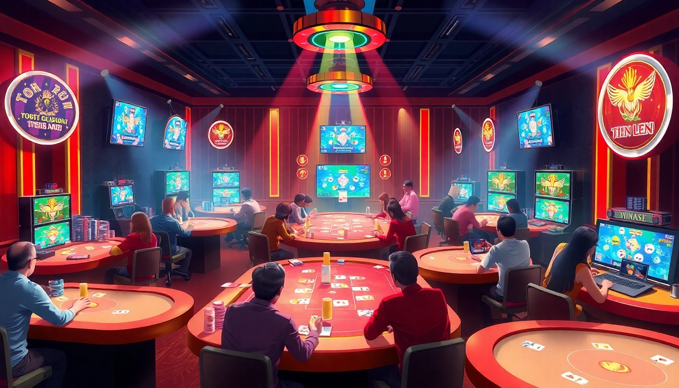 Dynamic scene of card games like Tiến Lên and Phỏm on gamebaidoithuong.com.vc with players and vibrant graphics.