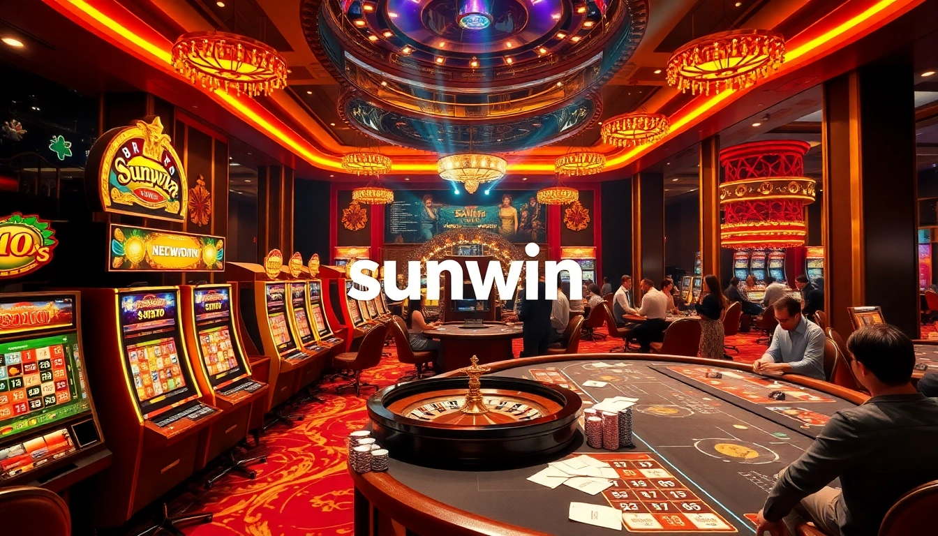 Exciting scene of gamblers playing at sunwin casino tables with vibrant poker chips and machinery.