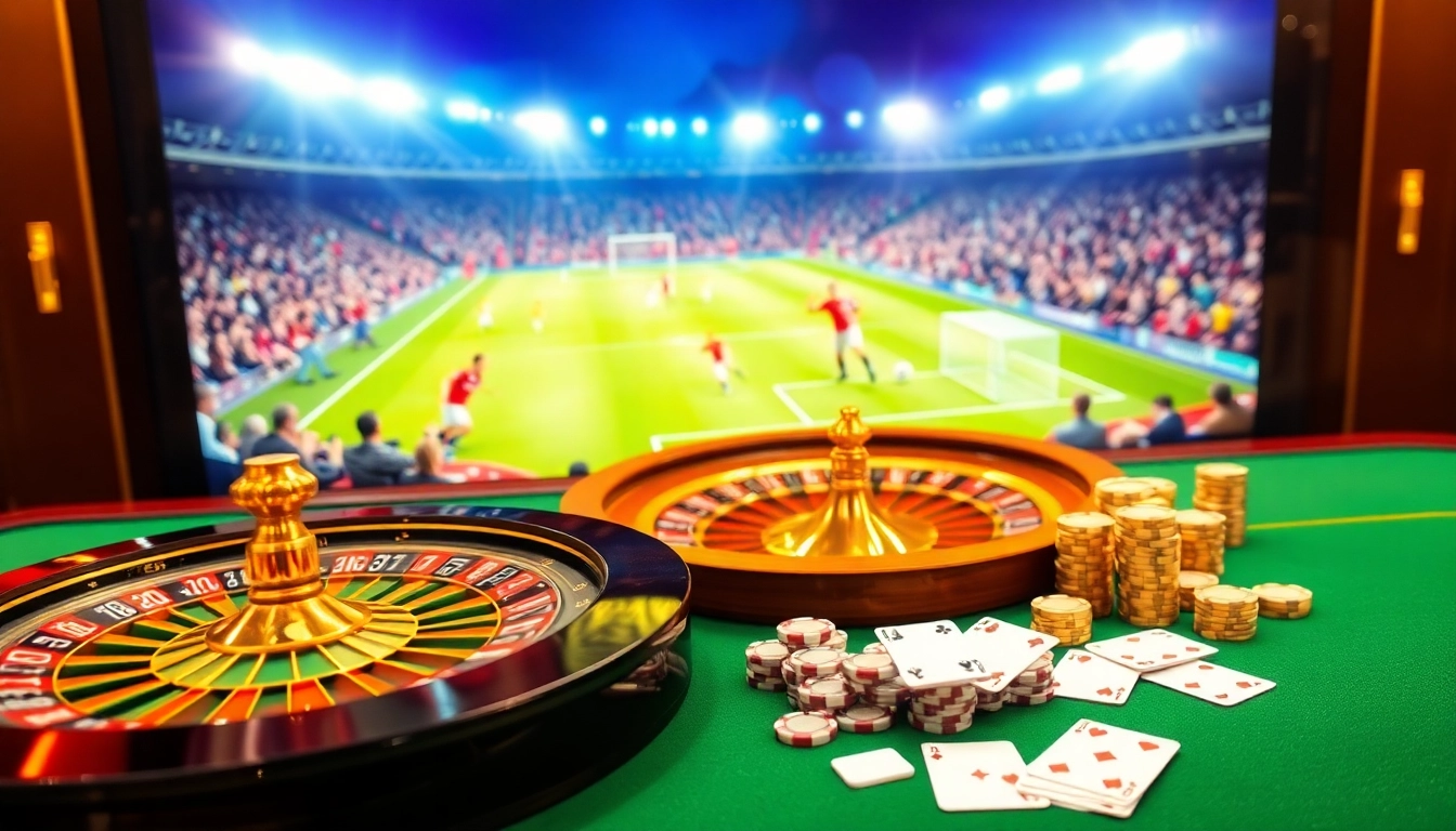 Live football action on Vào Lưới TV with an elegant casino backdrop featuring poker chips and cards.