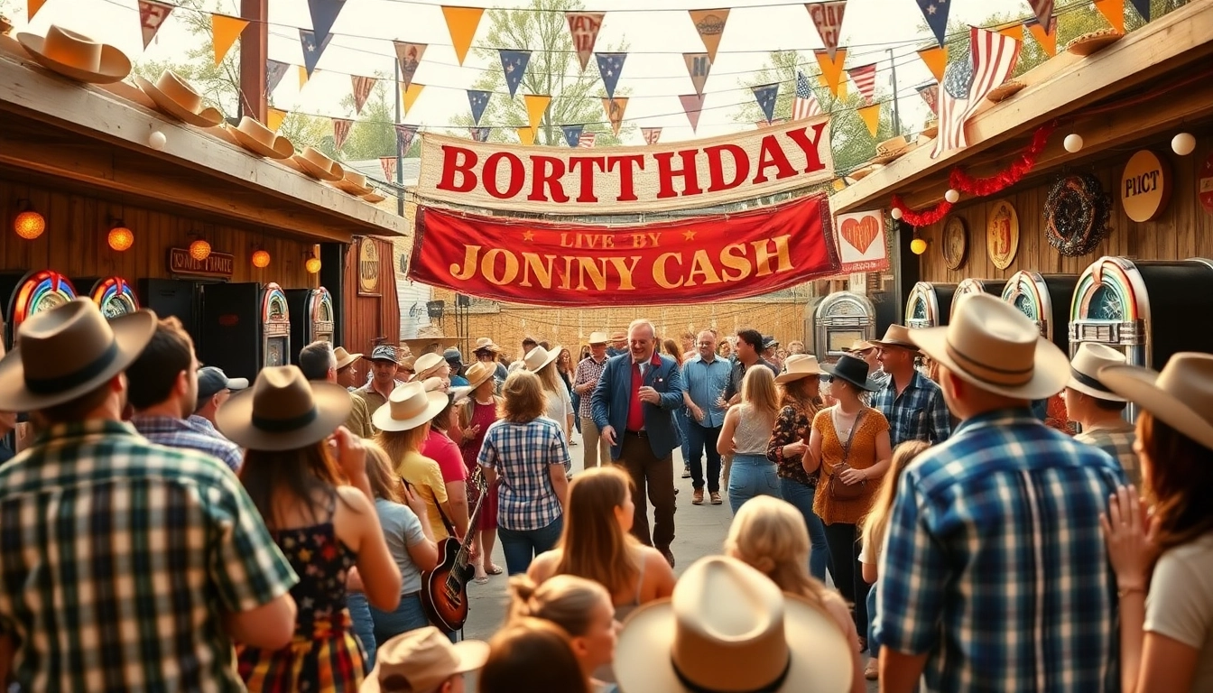 Celebration scene at johnnycashbirthday.com with Johnny Cash memorabilia and fans enjoying live music.