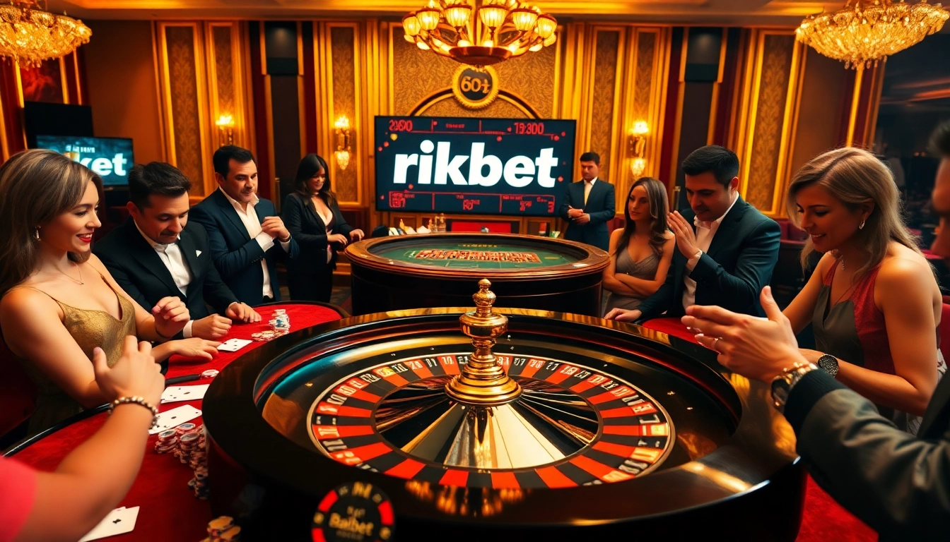 Gamblers enjoying the excitement of playing at a rikbet casino table with roulette and poker elements.