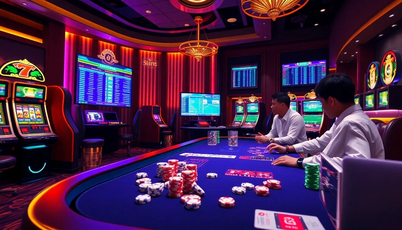 Engaging sports betting scene at keonhacai featuring modern digital interfaces and vibrant casino elements.