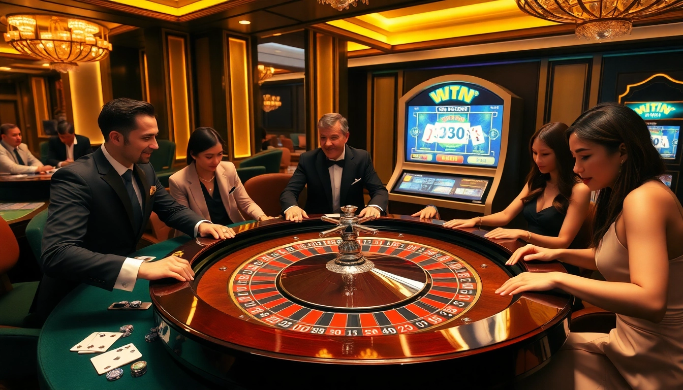 Experience the excitement of the 98win vip casino scene with elegant players at a roulette table.