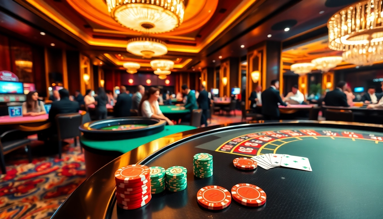 Jun88 gamblers enjoying a thrilling casino atmosphere at roulette and poker tables.