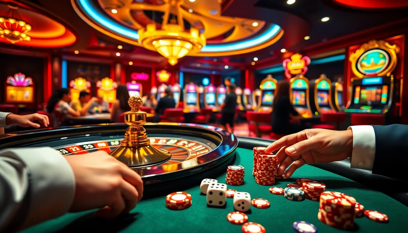 Engaging hb88 com casino scene with players around a roulette table and vibrant slot machines.