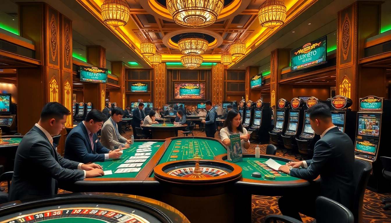 Tỷ lệ kèo displayed in an upscale casino, where players are absorbed in placing bets.