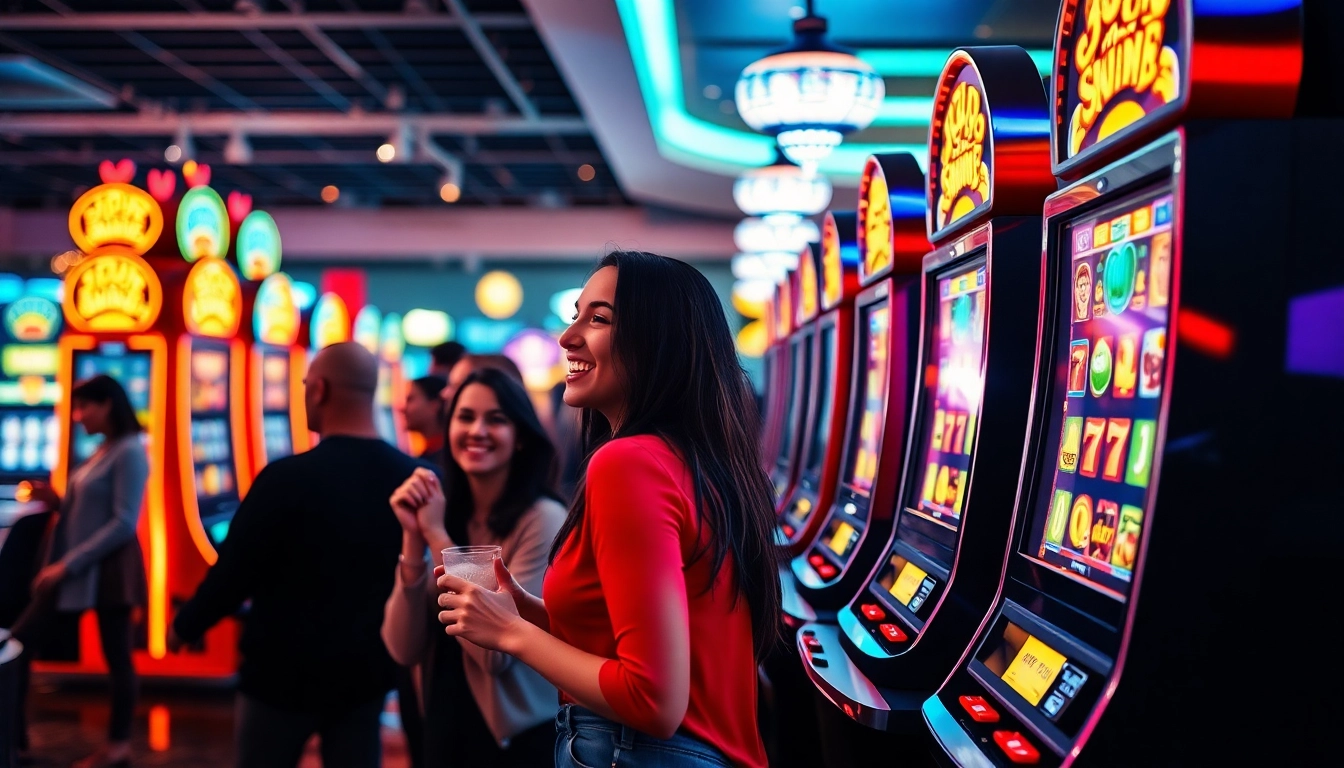 Exciting slot machine experience in a modern casino setting, showcasing diverse players and colorful winning reels.