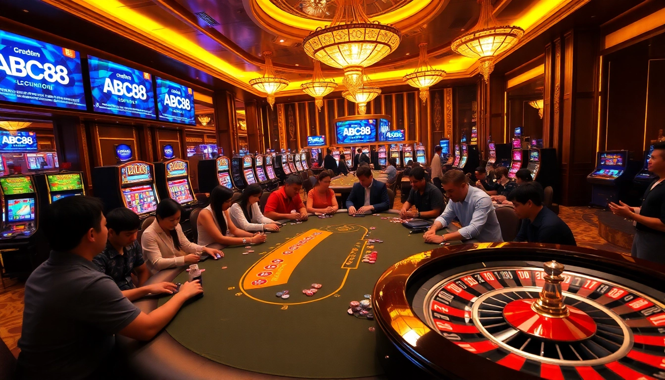 Experience a thrilling ABC8 gaming table with players enjoying poker and vibrant slot machines.