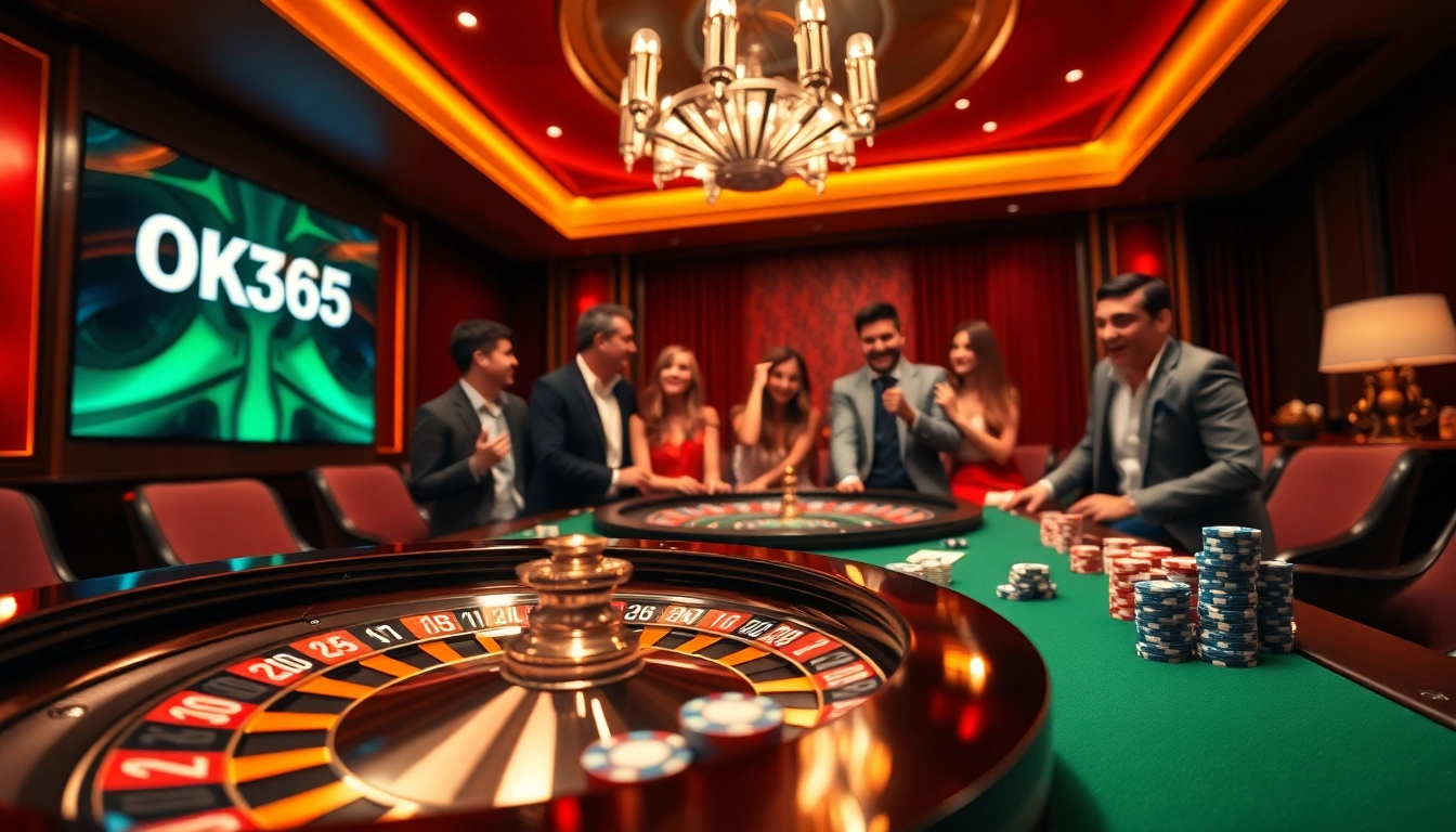 Experience a thrilling game at the OK365 casino with vibrant poker chips, elegant cards, and a sparkling roulette wheel.
