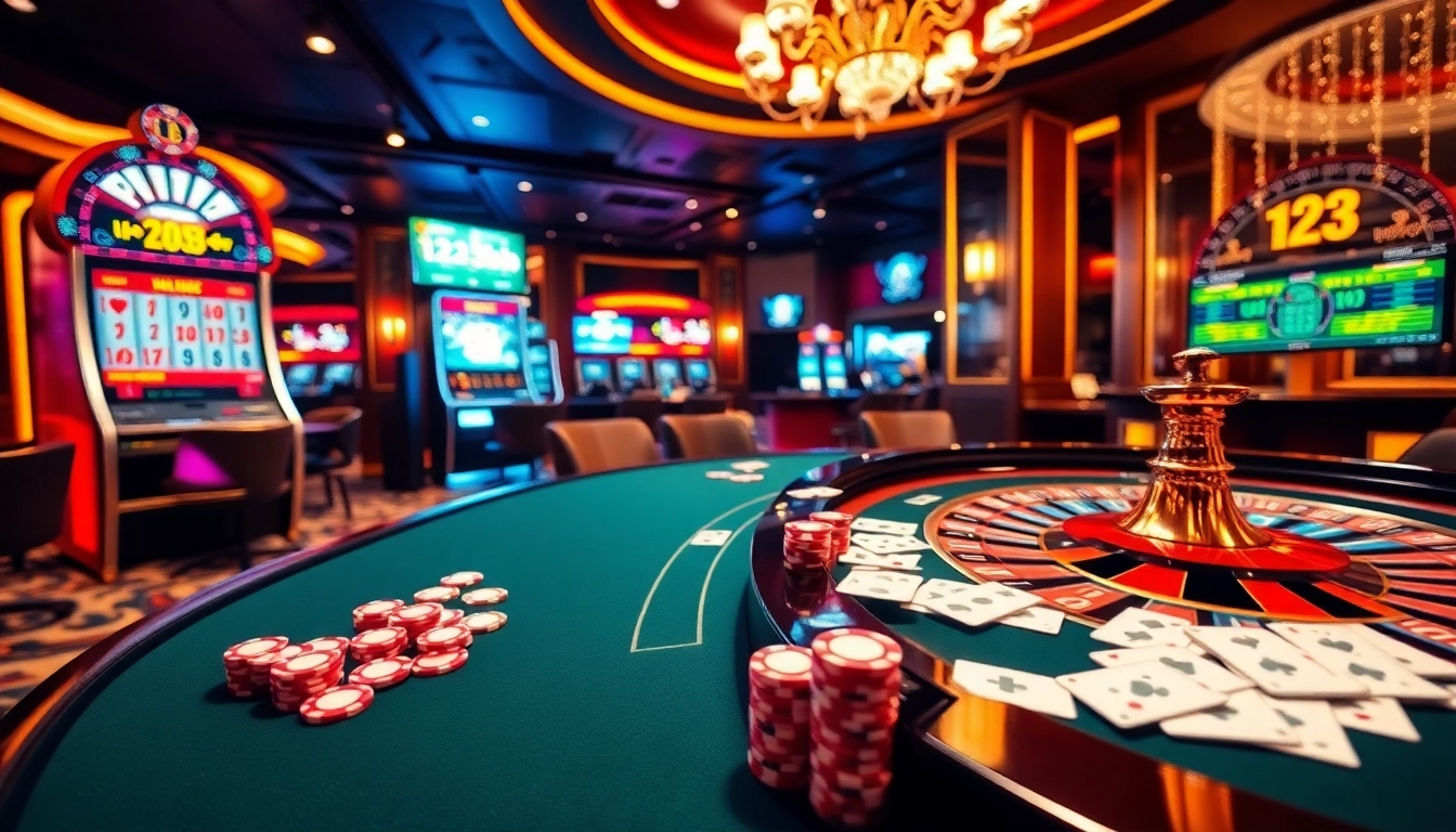 A vibrant casino scene with poker chips, cards, and a roulette wheel, showcasing the excitement of 123b online gaming.