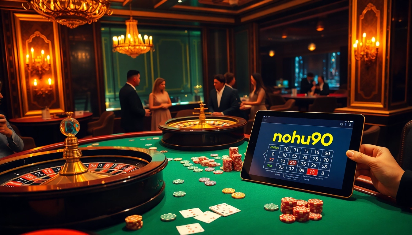 Experience high-stakes excitement at nohu90 casino with vibrant poker chips and roulette wheels.