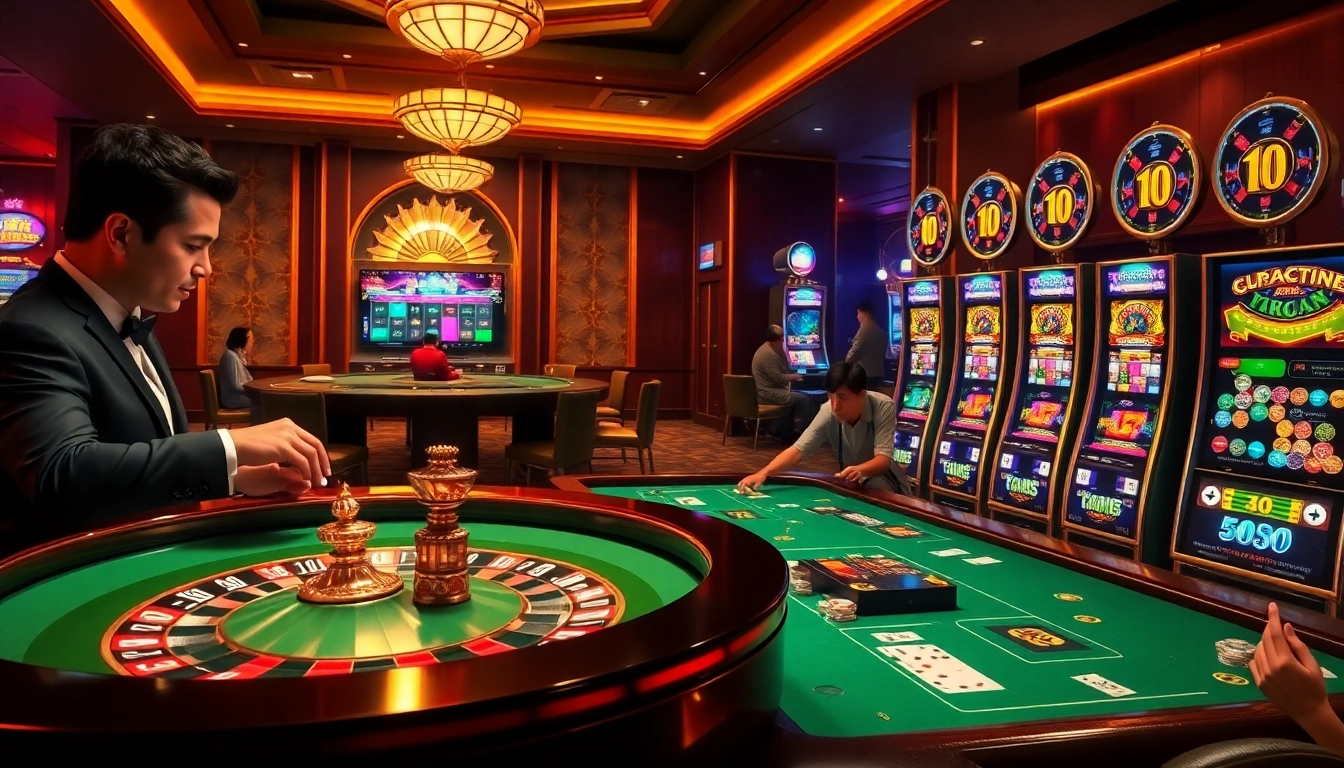 Pemain situs toto yang terlibat di meja kasino mewah dengan mesin slot yang berwarna-warni.