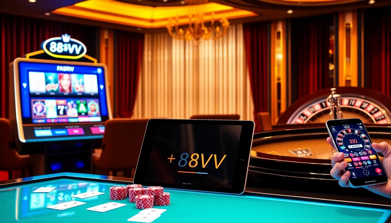 Experience excitement at 88VV online casino with vibrant gaming tables and slot machines.
