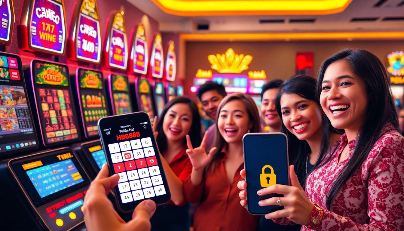 Exciting online casino scene showcasing players at https://hb88.krd/ with vibrant slot machines and a digital interface.
