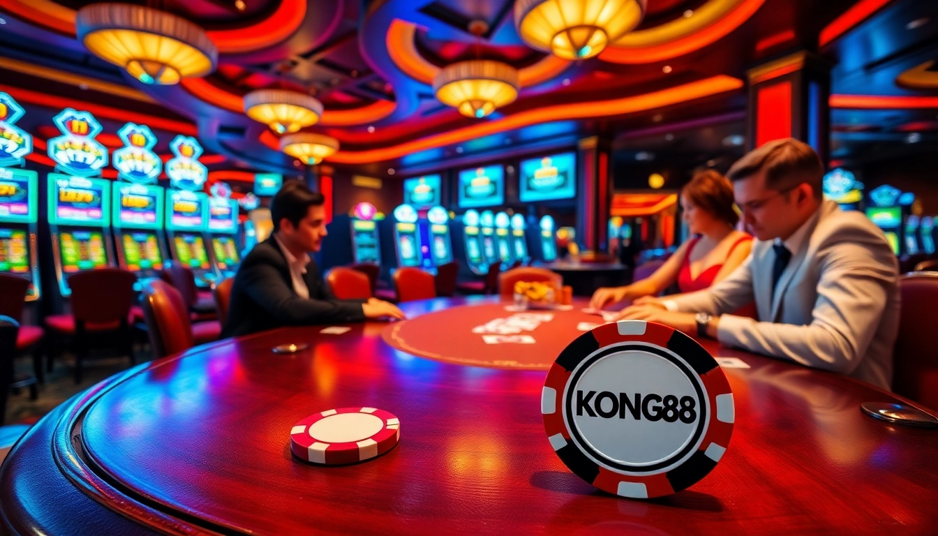 KONG88 poker chips at a vibrant casino table with players engaged in intense gameplay.
