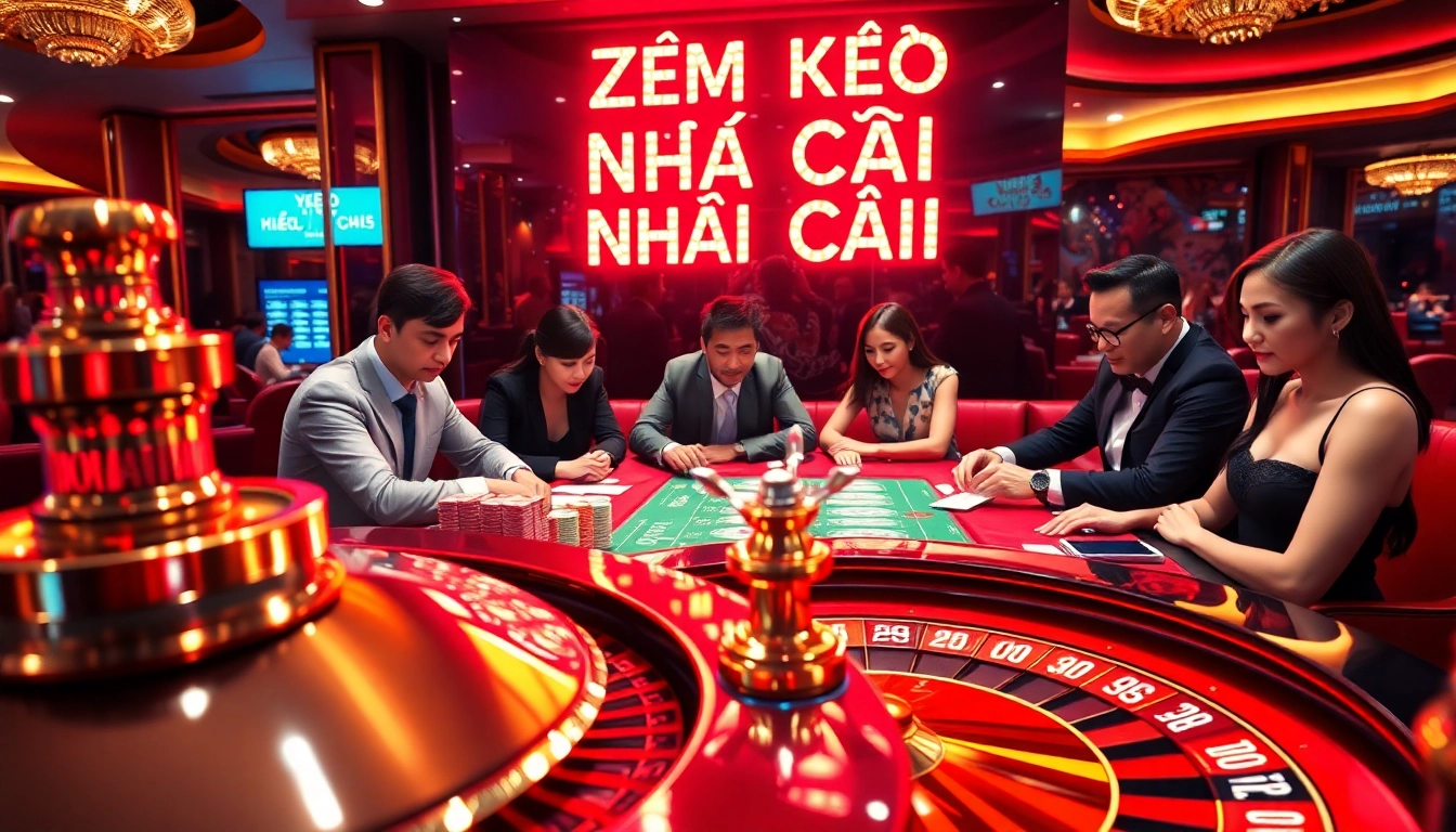 Xem kèo nhà cái in an upscale casino setting with engaged gamblers at roulette and poker tables.
