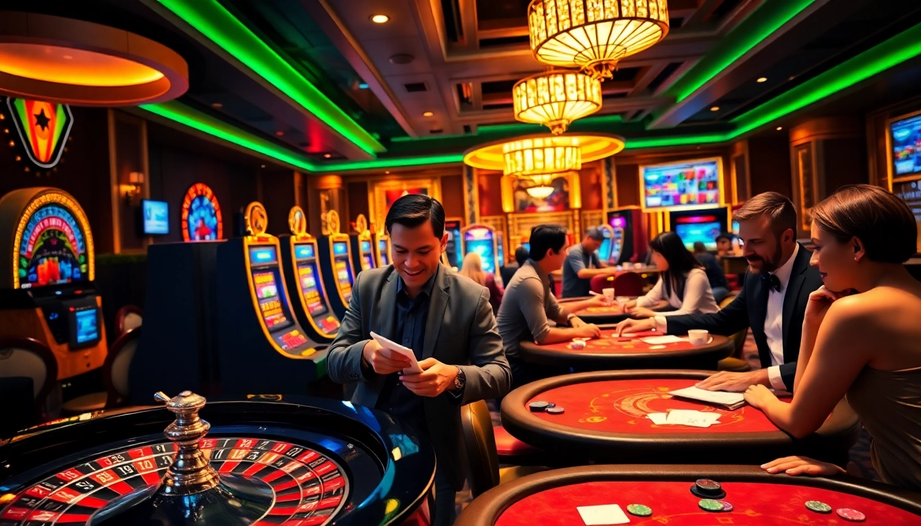 Engaging players at the trang chủ vb88 casino, interacting with vibrant slot machines and roulette.