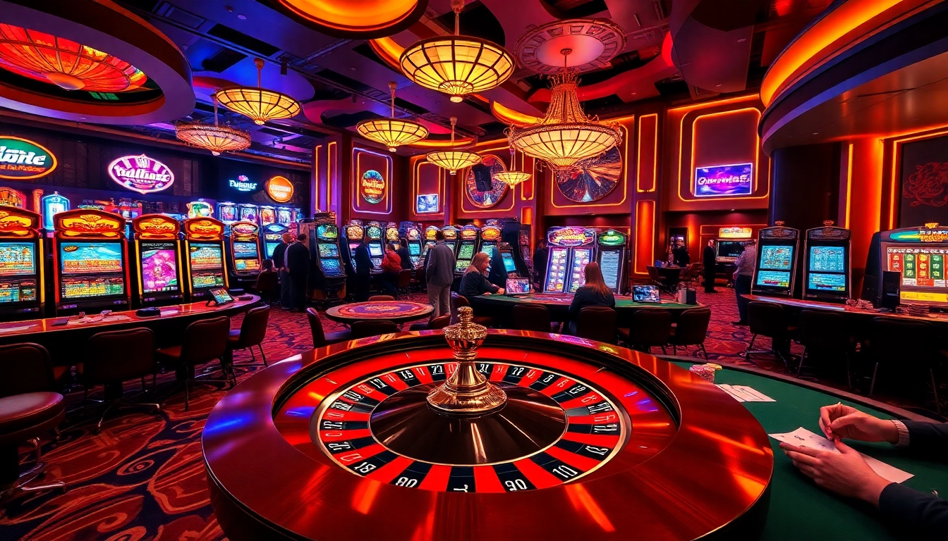 Pemain yang terlibat menikmati permainan situs toto di kasino mewah dengan mesin slot yang berwarna-warni dan meja poker.