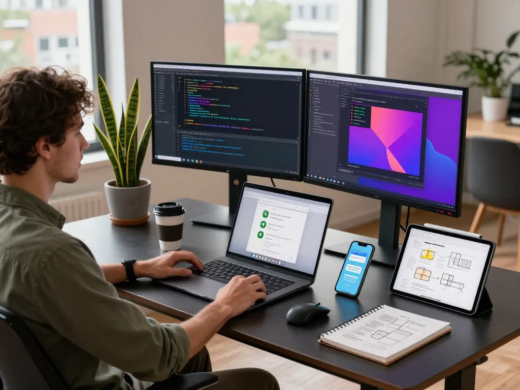 Developer using 谷歌浏览器 in modern workspace with dual monitors and coding elements.