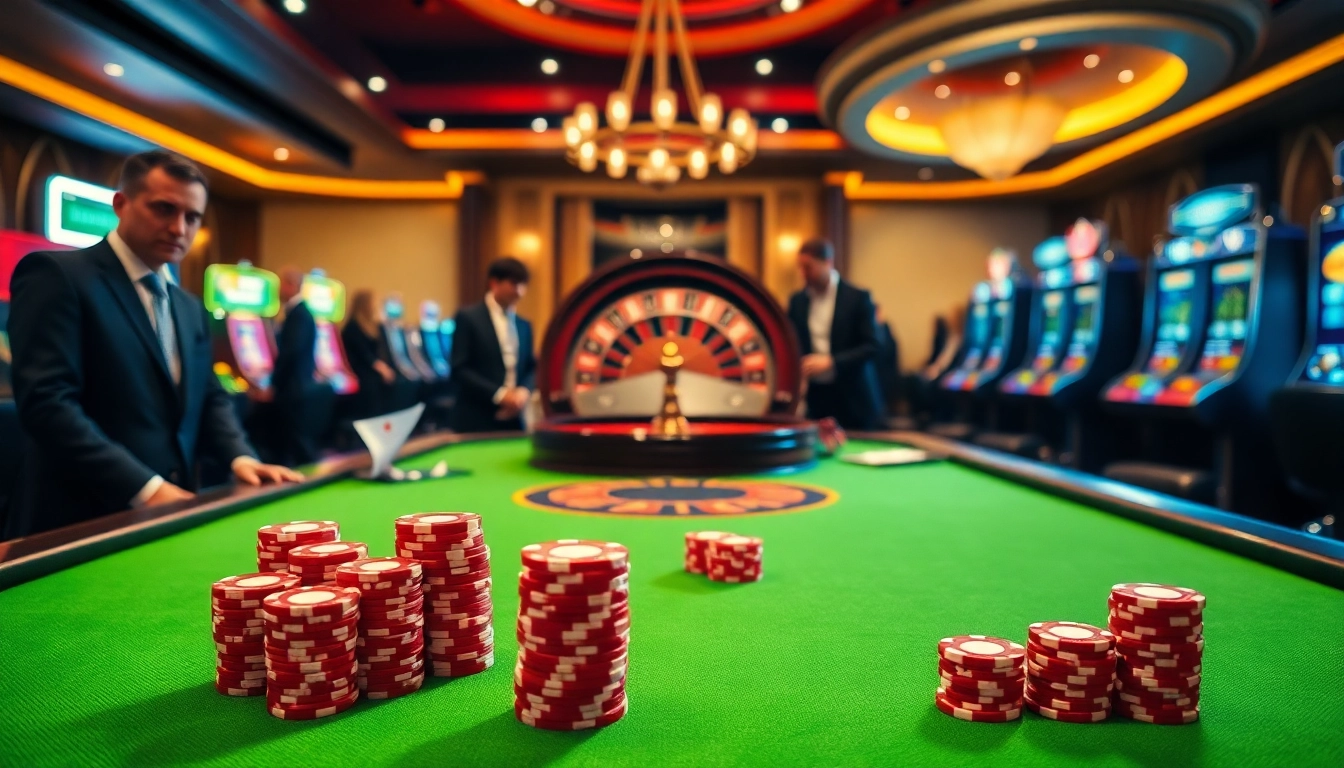 Winning at https://five882.com/ with high-stakes poker chips and vibrant casino lights.