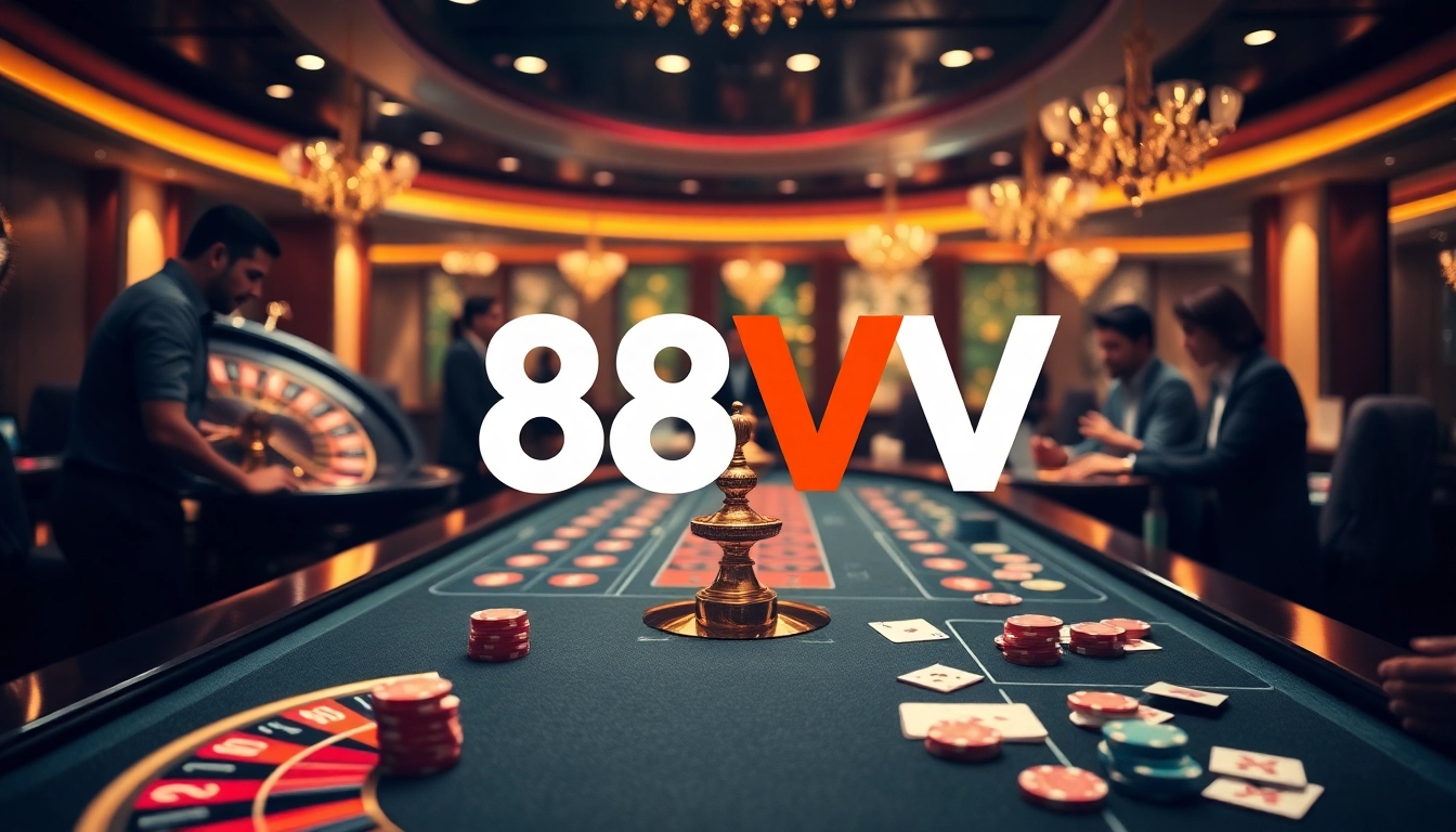 A vibrant 88VV online casino scene showcasing players engaging in thrilling games with poker chips and roulette wheels.