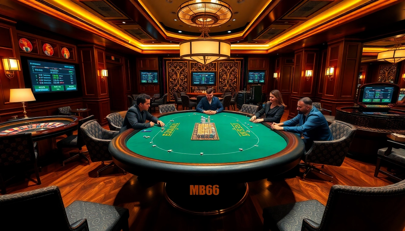 Players at the MB66 poker table strategizing for high stakes in a luxurious casino.
