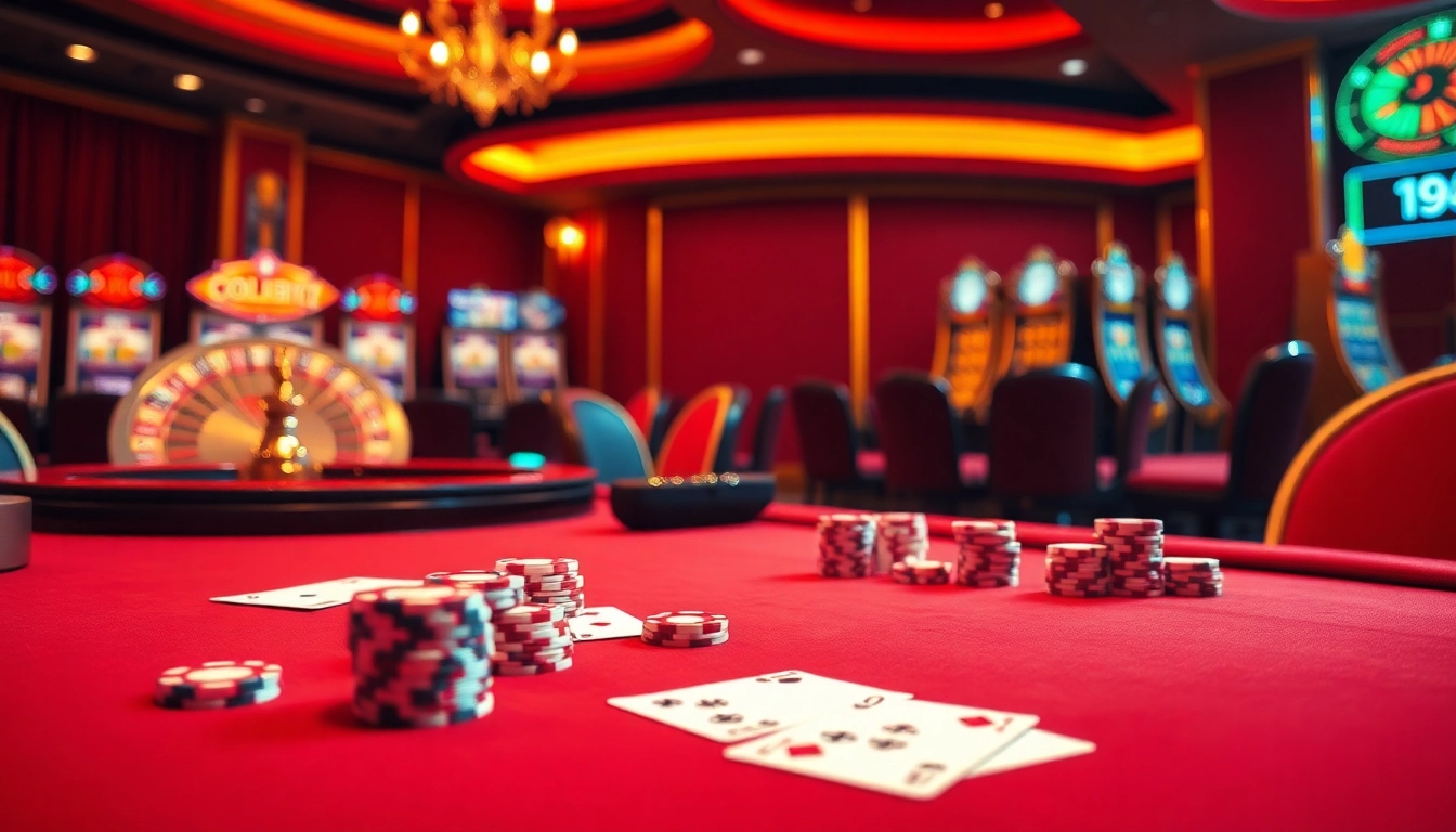 Exciting gaming scene at i9bet casino featuring poker and roulette tables with vibrant colors.