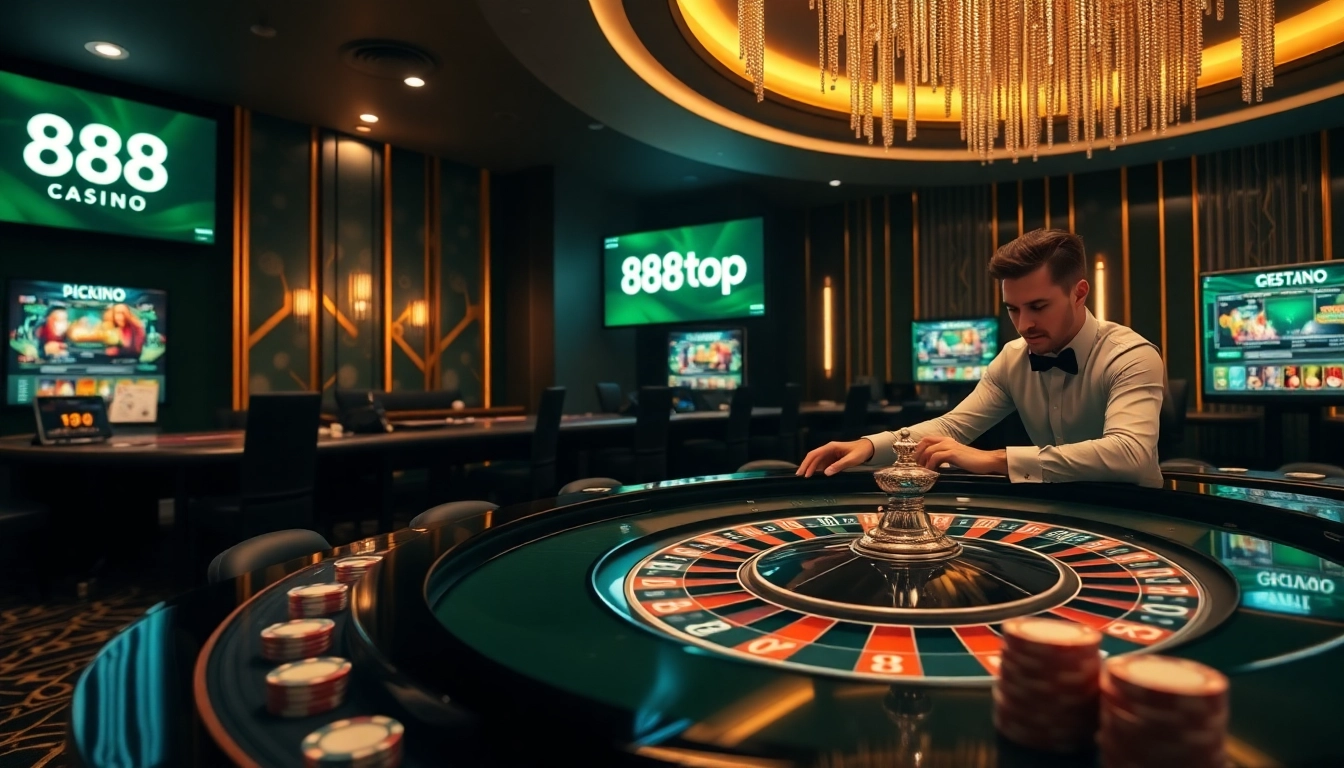 Engaging players enjoy games at 888TOP's luxurious online casino, featuring roulette and poker elements.