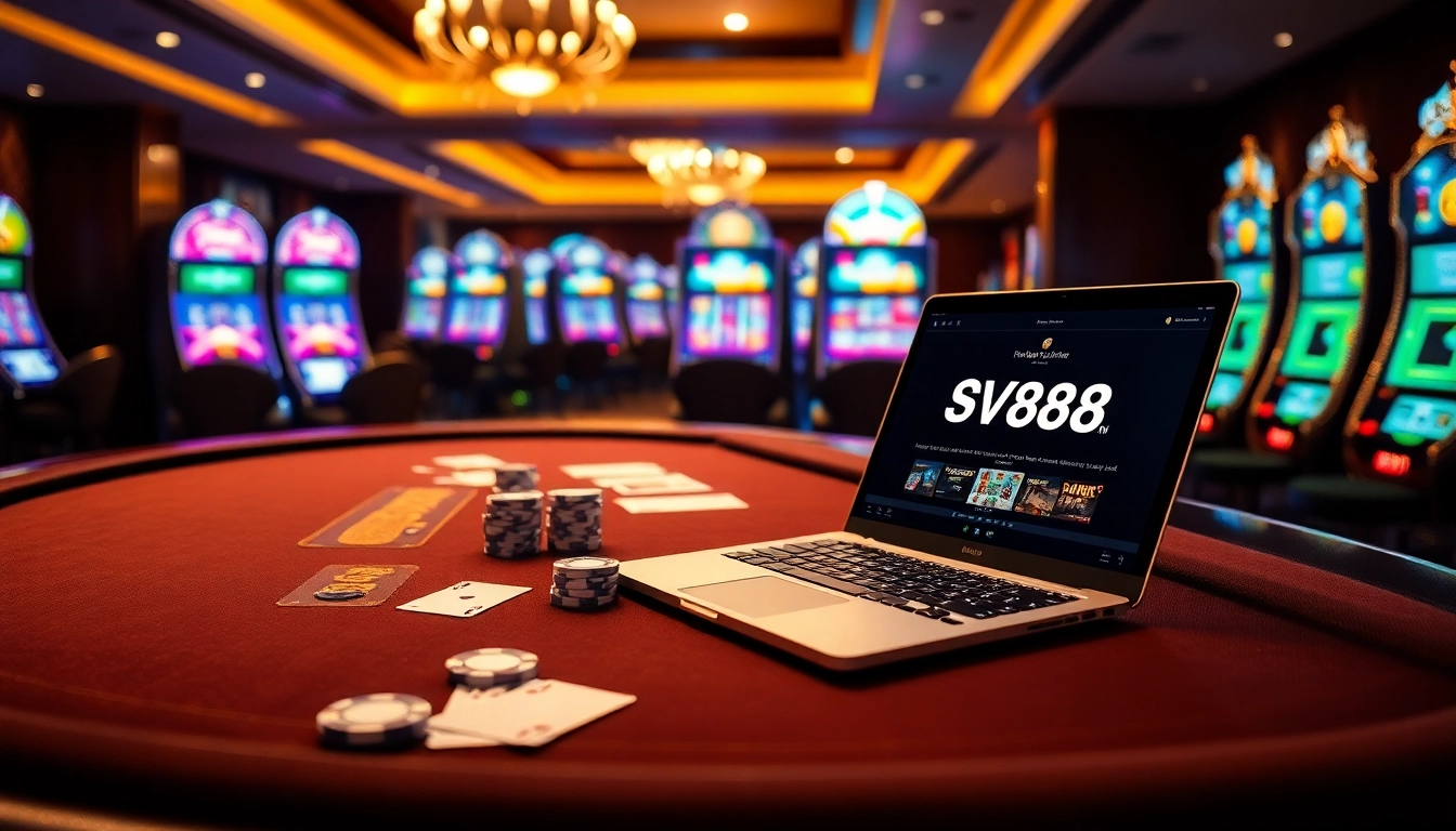 Engaging players with thrilling games at https://sv88.me/ featuring a luxurious casino table with poker chips and warm lighting.