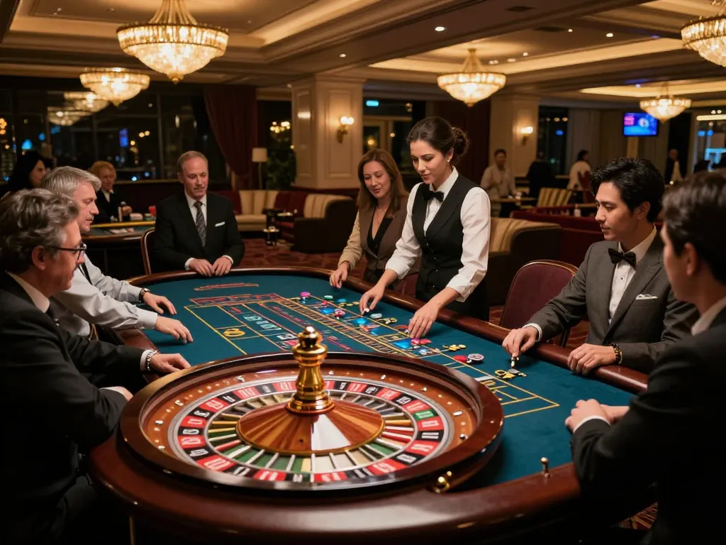 Players placing bets and enjoying the excitement at hi88's roulette table in a luxurious casino environment.