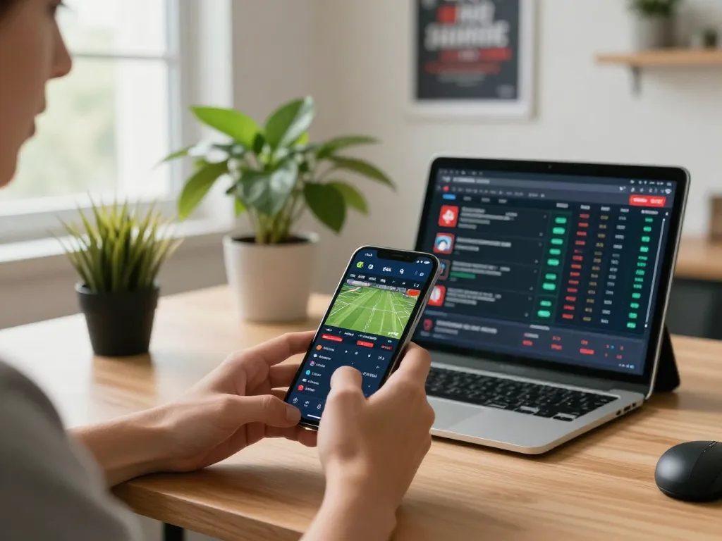 Engaging in MM88 sports betting on a smartphone at a modern workspace, showcasing live odds and a sleek interface.
