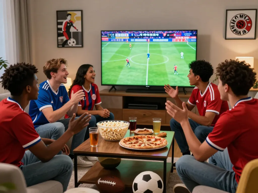 Group of friends enjoying football on Cakhia TV in a lively living room.