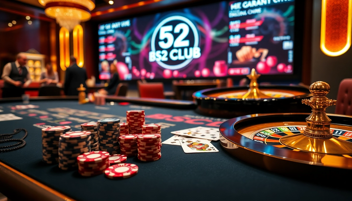 Enjoy a thrilling game at B52 CLUB, featuring poker chips, cards, and a roulette wheel for vibrant gameplay.