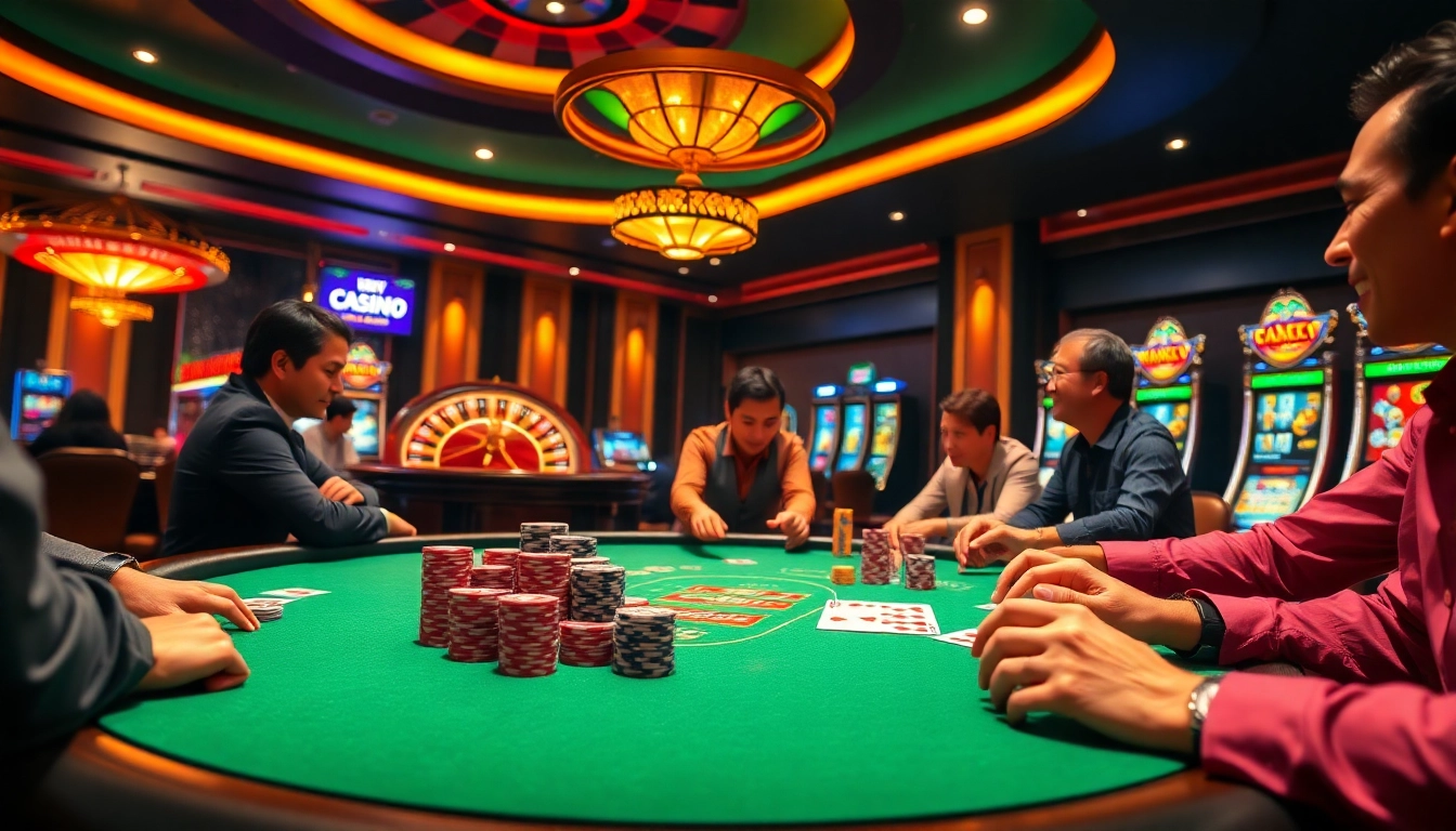 Experience thrilling poker action at MB66 with vibrant casino chips and an elegant layout.