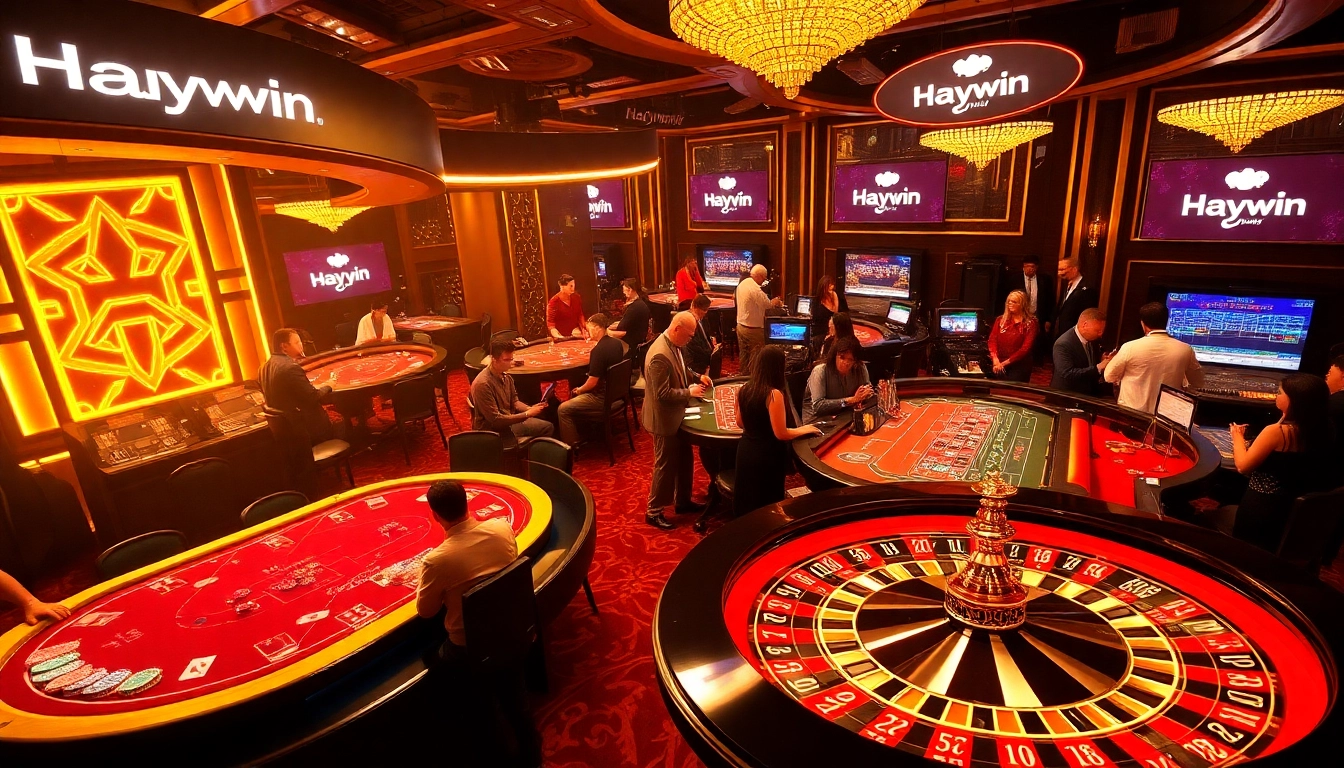 Players engaging in a thrilling casino experience at Haywin, surrounded by vibrant tables and exciting games.