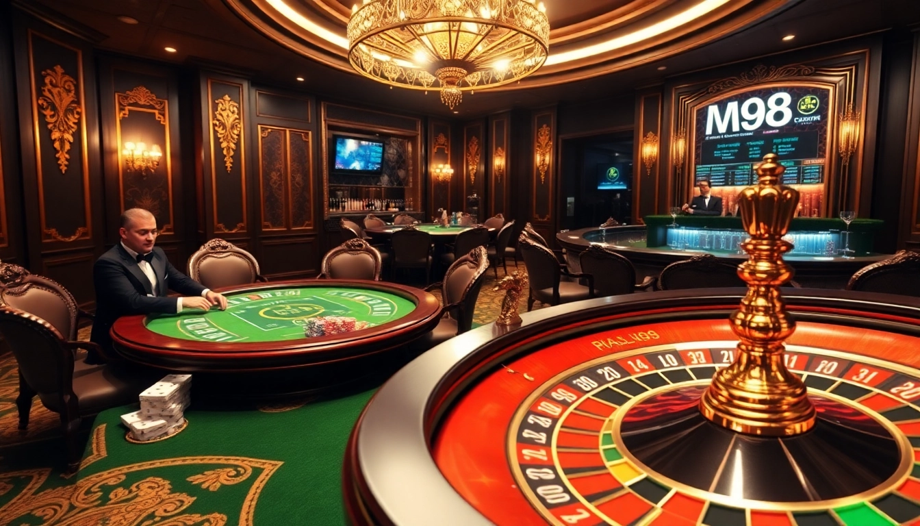 M98 casino scene showcasing vibrant poker game with active players and roulette.