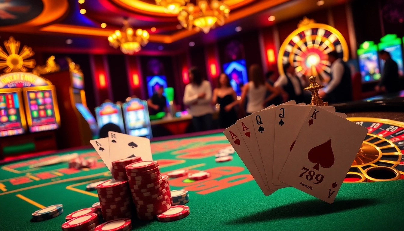 Players enjoying a thrilling game at 789club casino with vibrant tables, chips, and exciting ambiance.