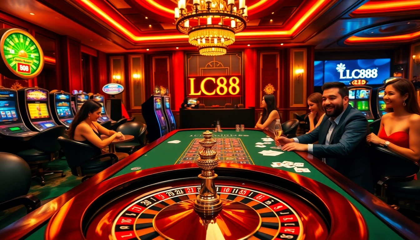 LC88 casino scene with roulette wheel, poker chips, and vibrant lighting inviting players to join.