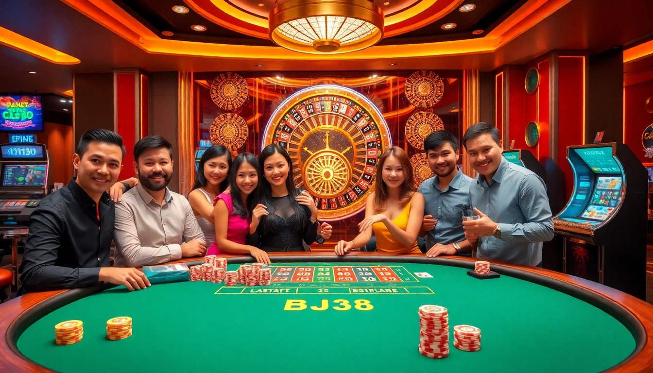 Excited players enjoying a BJ38 casino scene with colorful poker chips and a roulette wheel.